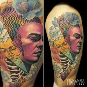 Frida Kahlo tattoo by Tin Machado #TinMachado #graphic #fridakahlo #collage #flowers #skeleton