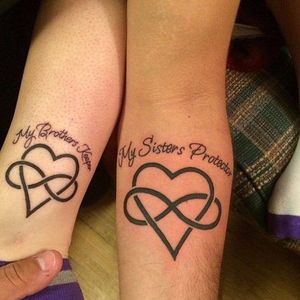 Infinity hearts and the phrase "My brother's keeper, My sister's protector" #siblingtattoo #brother #sister #matchingtattoos #infinity #heart