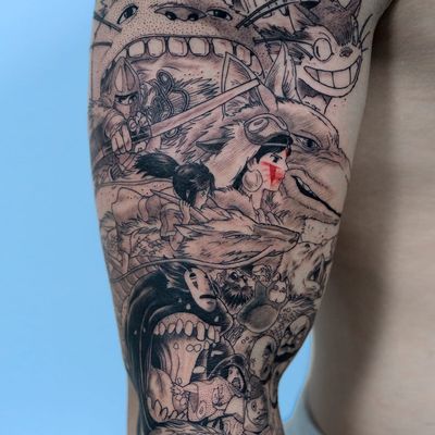 Studio Ghibli tattoo by Oozy #Oozy #studioghiblitattoo #blackandgrey #redink #fineline #detailed #newtraditional #anime #manga #movietattoo #SpiritedAway #princessmononoke #Totoro #noface #haku