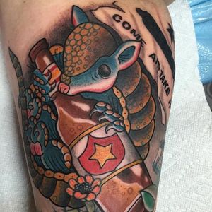 Traditional style armadillo tattoo by Alex Gardner. #beer #armadillo #traditional #AlexGardner