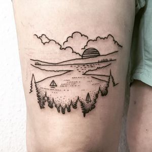 Super cool landscape tattoo taken from Jen's flashes. Tattoo by Jen Von Klitzing. #linework #blackwork #JenVonKlitzing #dotwork #flashes #foresttattoo #boathouse