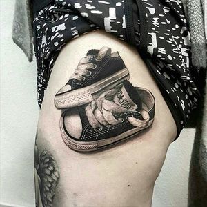 Converse tattoo by Luke Sayer (via IG -- killerinktattoo) #lukesayer #converse #chucktaylor #chucktaylortatoo #conversetattoo #chucktaylorisaliar