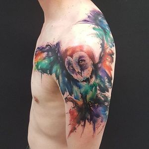 Colorful watercolor owl tattoo by Smel Wink. #watercolor #SmelWink #colorful #owl #bird #inksplatter #brushstroke