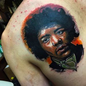 Solid Jimi Hendrix portrait tattoo done by Gibbo. #gibbo #JimiHendrix #fire #colorportrait
