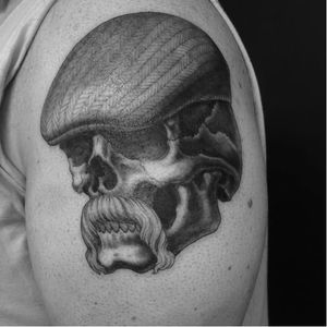 Skull wearing flat cap by Chris Garver @chrisgarver #skull #flatcap #Chrisgarver #hat #mustache