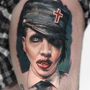 Marilyn Manson tattoo by Valentina Ryabova. #ValentinaRyabova #MarilynManson #paleemperor #music #band #goth #alternative #metal #dark #portrait #colorrealism