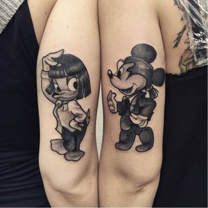 Funky Disney Pulp Fiction tattoos by Michela Bottin #MichelaBottin #geek #Disney #PulpFiction #matching