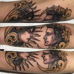Sun and moon tattoo by Swan. #Swan #SwanTattooer #neotraditional #neotrad #couple #lovers #sun #moon #man #woman