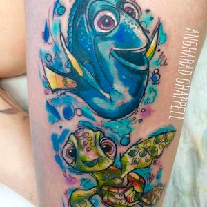 Squirt and Dory tattoo by Angharad Chappell #AngharadChappell #Disney #FindingNemo #FindingDory #Dory #Squirt