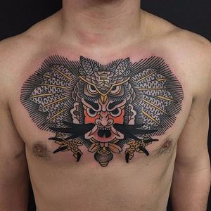 Warriors of wisdom by Koji Ichimaru #kojiichimaru #Japanese #traditional #mashup #linework #color #owl #wings #samurai #bird #feathers #kanji #tattoooftheday