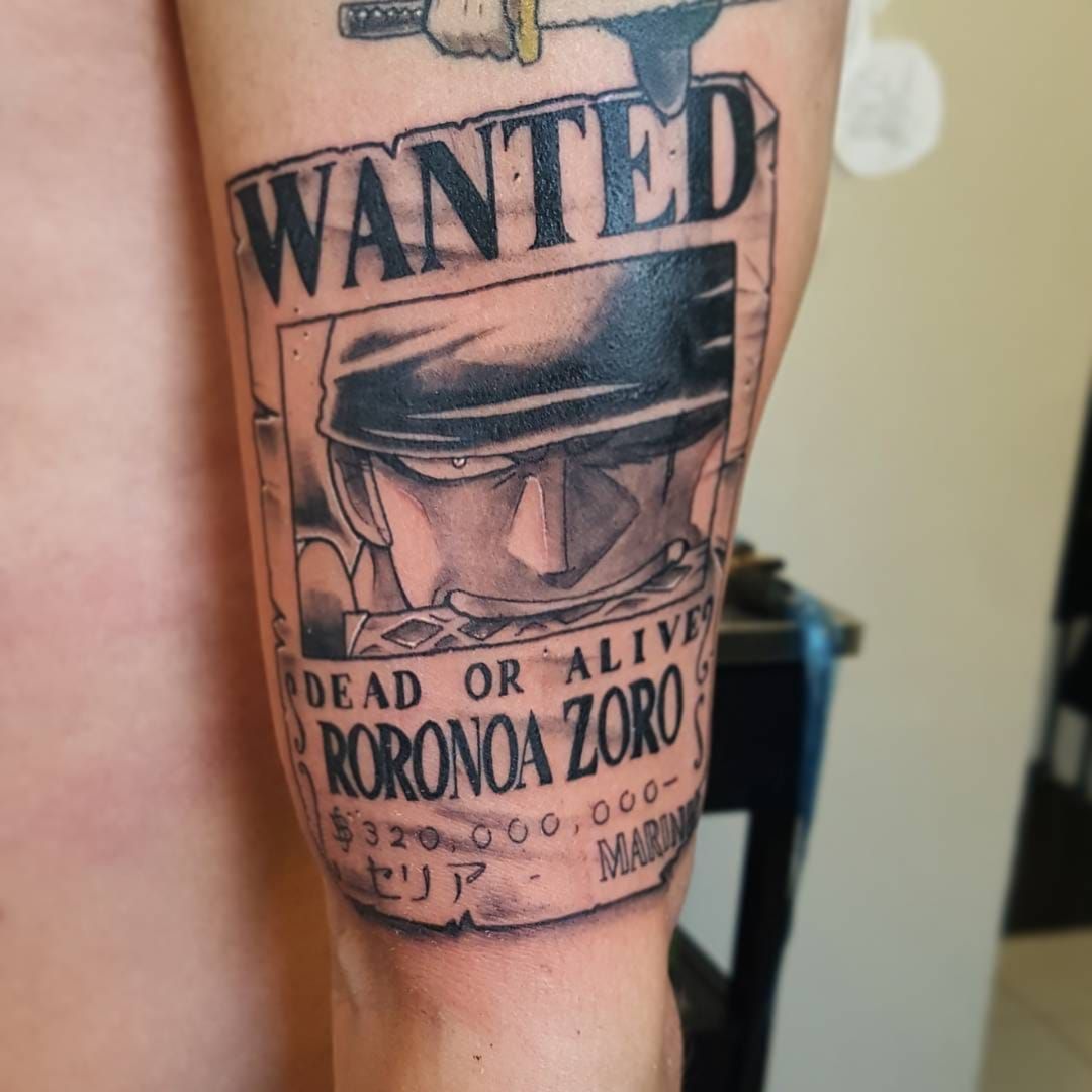 Tattoo uploaded by Ross Howerton  A black and grey depiction of one of the wanted  posters from One Piece by Hemce IGhemce blackandgrey Hemce OnePiece  RoronoaZoro  Tattoodo