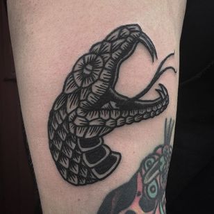 Tatuaje de cabeza de serpiente por Jack Ankersen #Blackwork #TaditionalBlackwork #BlackTattoos #Illustrative #FedBlackwork #JackAnkersen #btattooing #blckwrk #snake
