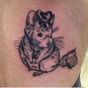 Fetish Chinchilla tattoo by Tina Lugo #TinaLugo #linework #dotwork #chinchilla #animal #bdsm #fetish #hat #harness #leather