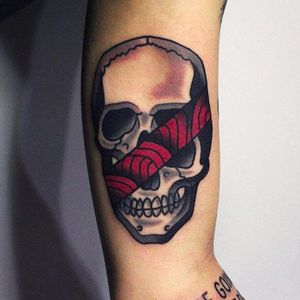 Skull and red patterns tattoo by @maradentattoo #maradentattoo #black #red #blackandredtattoo #oddtattoos #skull