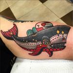 A whale wearing a motorcycle helmet by Deno (IG—denotattoo). #Deno #streetart #surreal #traditional #trippy #whale