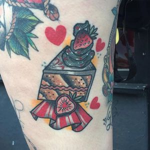 Strawberry cake tattoo by Jody Dawber. #cake #dessert #sweet #delicious #sweettooth #strawberry #JodyDawber
