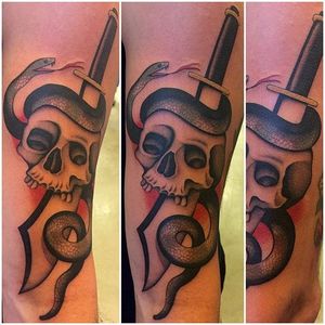 Dagger Skull Tattoo by Stizzo #traditional #fineline #skull #snake #sword #traditionalfineline #classictattoos #Stizzo