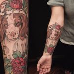 Pretty dog tattoo by Santi Bord #SantiBord #neotraditional #floral #flower #dog