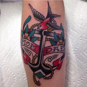 A swallow atop an anchor by Mikey Holmes (IG—mikeyholmestattooing). #anchor #MikeyHolmes #sailor #swallow #traditional