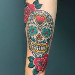 Sugar skull tattoo by Richie Clarke #RichieClarke #ForeverTrue #trad #traditional #candyskull #sugarskull #skull