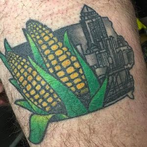 Corn and the Des Moines skyline by Scott Bruggeman (via IG -- scottybtattoos) #scottbruggeman #iowa #corn #desmoines