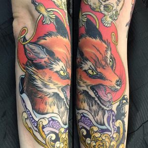 Tattoo by Wendy Pham #WendyPham #TaikoGallery #WenRamen #newtraditional #color #Japanese #mashup #fox #skull #chrysanthemum #kimono #pattern #floral #flower #animal