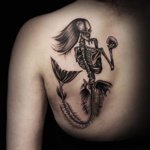 Mermaid skeleton by Cally-Jo @callyjoart on IG #mermaid #mermaidskeleton #blackworkmermaid #blackwork #blackink #darkart #seashell #pearl