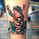 Awesome looking smoking frog playing the banjo. Tattoo by Simon Blay. #SimonBlay #TLCtattoo #TraditionalLondonClan #boldtattoos #frog #banjo