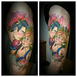 The maiden and her prince tattoo by Mitchel Von Trapp @Mitchelmonster #Mitchelvontrapp #Newschool #Fantasy #AtomicZombietattoo #Prince #Castle