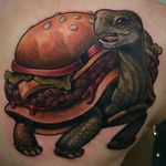Would you like some turtle with your burger? Tattoo by Lindsay Baker. #neotraditional #turtle #burger #cheeseburger #LindsayBaker