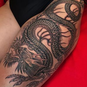 Deadly dragon tattoo by Juan Diego aka illegal.tattoos #JuanDiego #illegaltattoos #favoritetattoo #blackandgrey #Japanese #Chicano #mashup #illustrative #dragon #fire #mythical #creature #folklore #legend