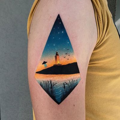 UFO and Lighthouse tattoo by Daria Stahp #DariaStahp #landscapetattoos #color #newtraditional #watercolor #realism #realistic #landscape #water #lighthouse #birds #sky #ufo #scifi