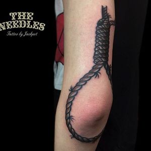 Elbow tattoo by Needles Tattoo. #elbow #painful #traditional #traditionalamerican #traditional #noose #NeedlesTattoo