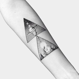 Geometric space tattoo by Fedor Nozdrin #FedorNozdrin #geometric #linework #dotwork #space #moon #sun #planet #mountain #tattoooftheday