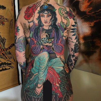 Goddess of the garden by Marius Meyer #Japanese #traditional #mashup #lady #backpiece #Lakshmi #portrait #fire #snake #rose #flower #shell #crown #jewelry #nature #mountains #pearls #color #tattoooftheday