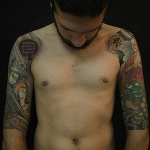healed half sleeve tattoos by Luciano Vazquez. #LucianoVazquez #JapaneseStyle #irezumi #japanesetattoo #foodog #samurai