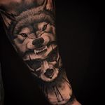 Intense wolf and skull tattoo by Ben Thomas. #realism #blackandgrey #blackandgreyrealism #portrait #BenThomas #wolf #skull