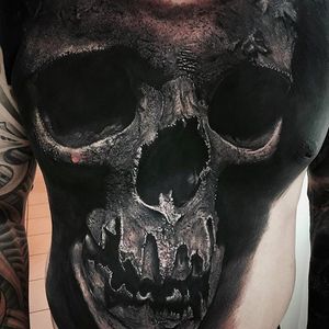 Stunning Realistic Front Piece Skull Tattoo by Sandry Riffard @audeladureeltattoobysandry #SandryRiffard #SandryRiffardtattoo #Realistic #Black #Blackandgray #Blackwork #Skull #Skulltattoo #France