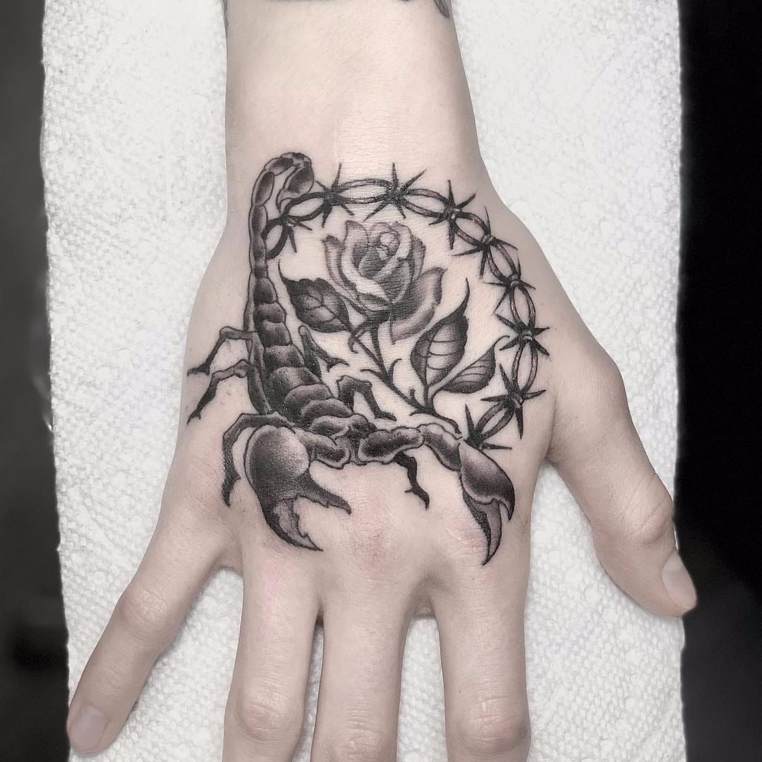geometric tattoos  Scorpion and roses tattoo by johnotattooer on