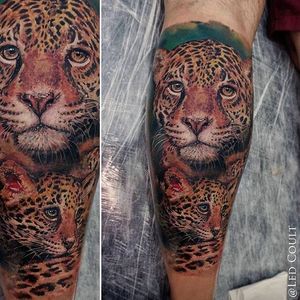 Color realism leopard and cub tattoo by Led Coult. #realism #colorrealism #bigcat #leopard #cub #LedCoult