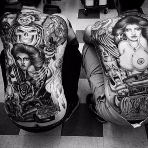 The heaviest pair of back-pieces imaginable by Chuco Moreno (IG—chucomoreno95237). #babes #backpieces #blackandgrey #Chicano #ChucoMoreno #finelined #oldschool #soft