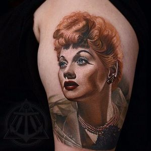 Lucille Ball tattoo by Nikko Hurtado. #colorrealism #NikkoHurtado #actress #vintage #portrait #LucilleBall