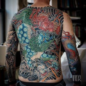 Japanese by Mike Rubendall #MikeRubendall #japanese #foodog #oni #fujin #namakubi #wave #thunder #color #tattoooftheday