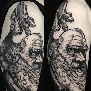Charles Darwin Tattoo by Phil Kaulen #charlesdarwin #blackwork #blackworktattoo #blackworkportrait #sketch #sketchtattoo #PhilKaulen