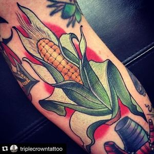 Traditional corn tattoo by Mark Van Ness. #traditional #corn #grain #vegetable #MarkVanNess