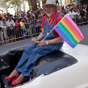 Gilbert Baker sitting pretty during the 2013 San Francisco Pride Parade. Photo by Daniel Nicoletta. (via IG—lgbt_history) #PrideTattoo #PrideFlag #LGBT #Equality #Rainbow #RainbowTattoo