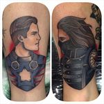 Winter Soldier and Captain American Tattoo by Larnie Ralien #wintersoldier #wintersoldiertattoo #captainamerica #marvel #marveltattoo #comicbooktattoo #LarnieRalien