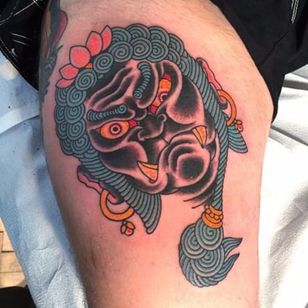 Love the expression in this tattoo and the blue and black linework. Tattoo by Chris O'Donnell. #ChrisODonnell #TraditionalJapanese #KingsAvenueTattoo #NewYorkTattooer #oriental #easternculture #snake #asianart