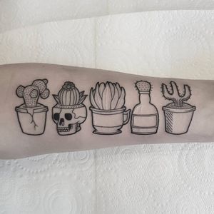 Potted succulents tattoo by Evils #Evils #besttattoos #linework #dotwork #minimal #cactus #flower #bottle #skull #succulent #pottedplant #plant #nature #leaves #death #life #tattoooftheday