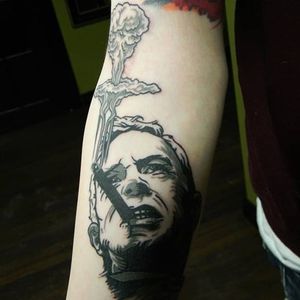 Stanley Kubrick tattoo by Shawn Milton #ShawnMilton #StaleyKubricktattoos #DrStrangelove #blackandgrey